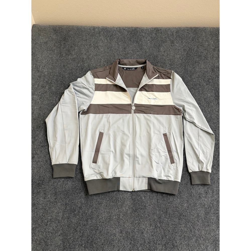 Travis Mathew Mens Full Zip Track Jacket Grey White Striped Golf Layer Size M
